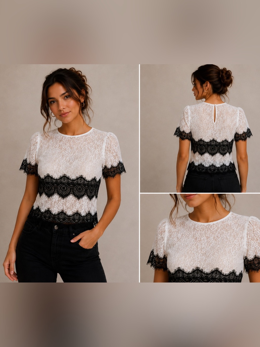 bebe White Lace Top with Black Scallop Lace Bands Tag removed for comfort.